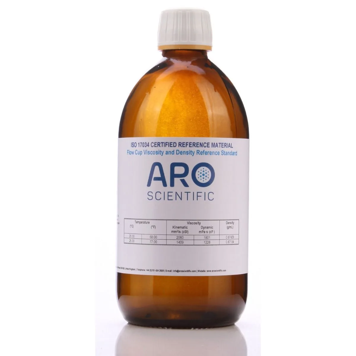 Beyaz kapaklı 500 mL amber cam şişede ARO Scientific akış kabı viskozite ve yoğunluk referans standardı, etikette değer tablosu