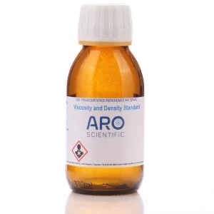 Beyaz kapaklı 100 mL amber cam şişede ARO Scientific viskozite ve yoğunluk standardı